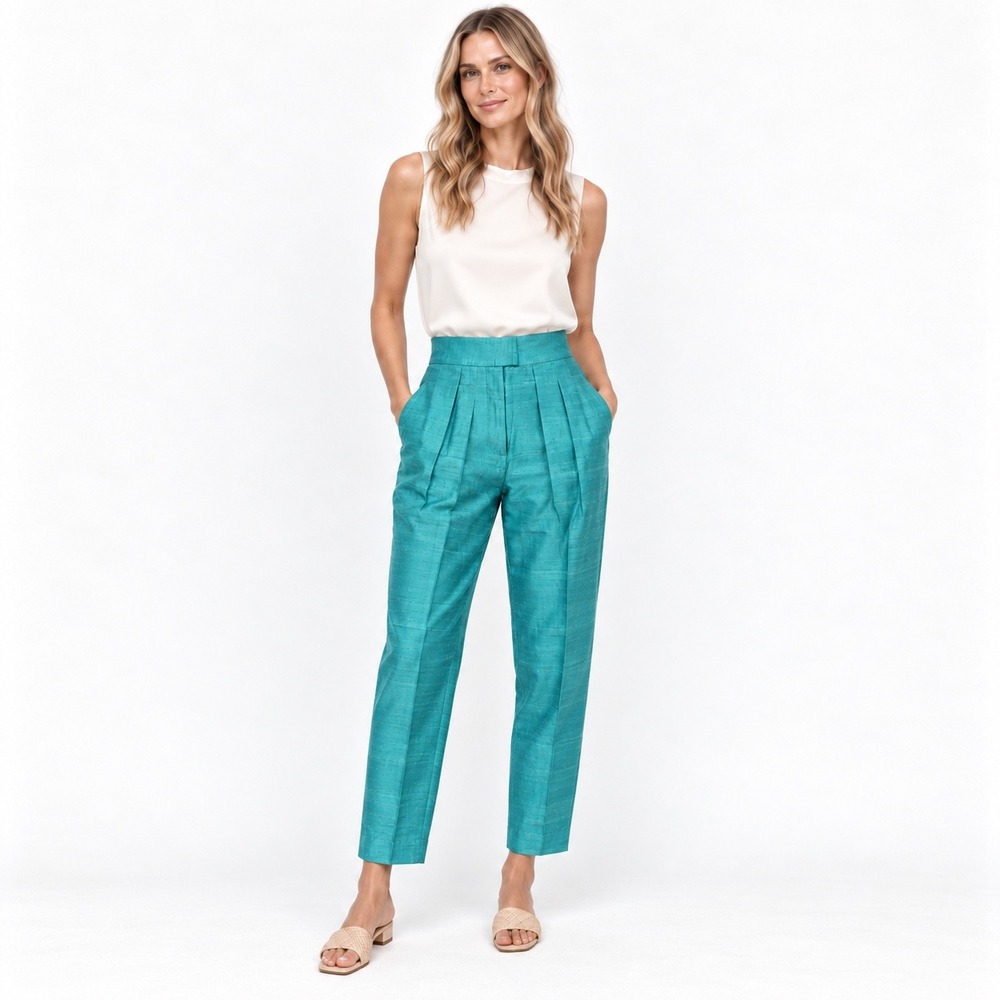 Julia Amory Silk Pleated Trousers Women XS Teal High Waist Tapered Quiet Luxury